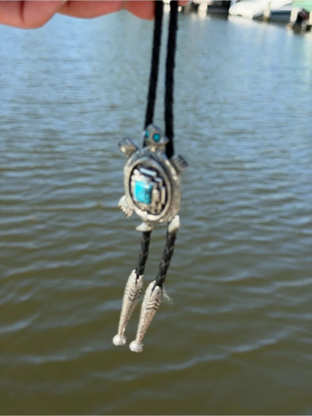 Silver Turtle Bolo Tie Necklace with Blue Inlay - Women Jewelry